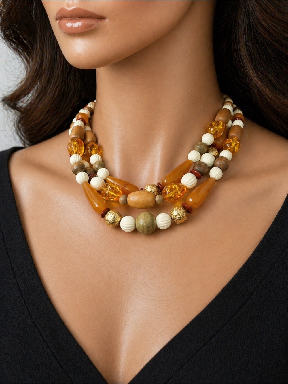 Vintage Liz Claiborne LCI Gold Tone 3-Strand Multi-Bead Statement Necklace